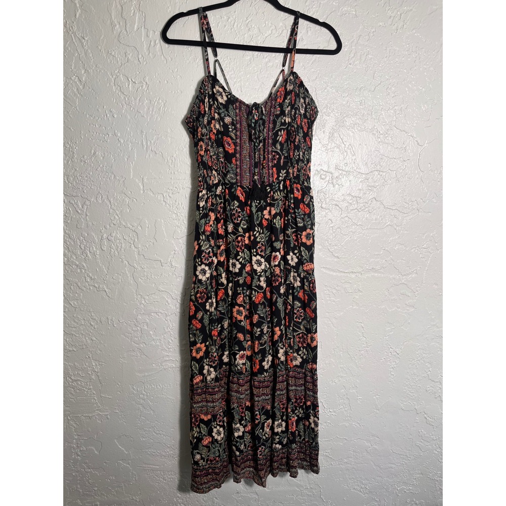 Angie Floral‎ Boho Midi Sundress Black Rayon Tassel Tie Size Small